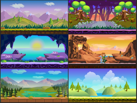 Cartoon game design - nature landscape, background stone, clouds and resources for game mobileのイラスト素材