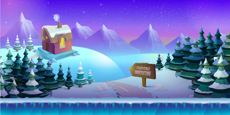Cartoon winter landscape with ice, snow and cloudy sky. vector nature background for games. Vector illustrationのイラスト素材