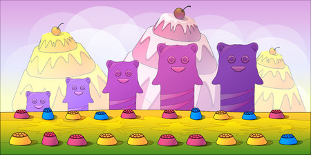 Cartoon fairy tale landscape. Candy land illustration for game design.size 1024x512のイラスト素材