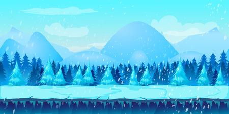 Beautiful Winter Landscape 2d game application. Vector design. Tileable horizontally. Size 1024x512. Ready for parallax effectのイラスト素材