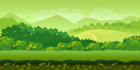 Cute cartoon seamless landscape with separated layers, summer day illustrationのイラスト素材