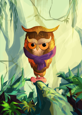 stylized owl painted on the background of forest for your application , projectの写真素材