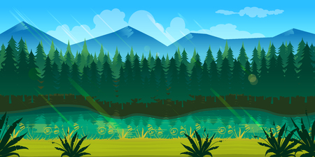 spring forest landscape, never ending nature background with separated layers for game design .2d game application. Illustration for your application , project.の写真素材