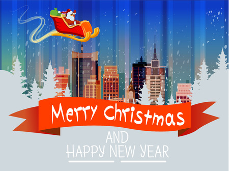 Santa Claus Sleigh Reindeer Fly Sky over City Skyscraper Night View Cityscape Snow Skyline Christmas New Year Card Illustrationの写真素材