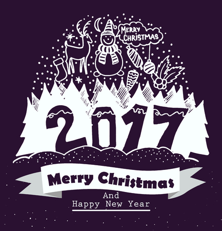 Merry christmas and Happy New Year typography design with hand drawing elements. Isolated illustration for your projectの写真素材