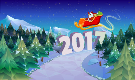 Santa Claus sleigh fly over the forest, house, snowman and throws gifts . Christmas card,...