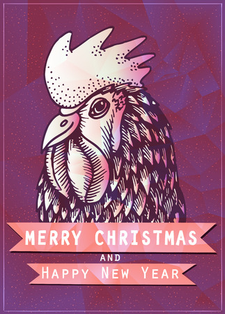 Vintage holiday poster for Merry Christmas and Happy New Year party with hand drawn sketch rooster portrait. illustration your designの写真素材