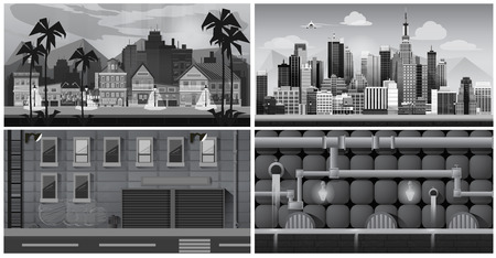 Set of black and white panorama cities. artの写真素材