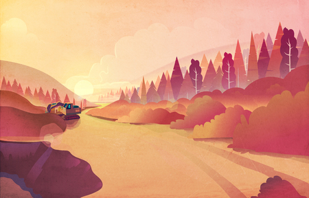 Mountain landscape with grass and huge lake. Wild nature at sunset.  illustration.の写真素材
