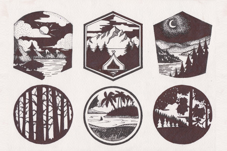 Mountain sketch  logo set in retro style. Vintage trendy lines mountains silhouettes labels. Logotype with mountain illustrationの写真素材