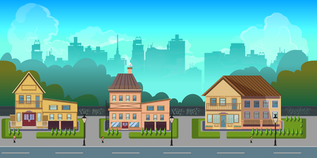Seamless cartoon city landscape, unending background with road, buildings and sky layersの写真素材