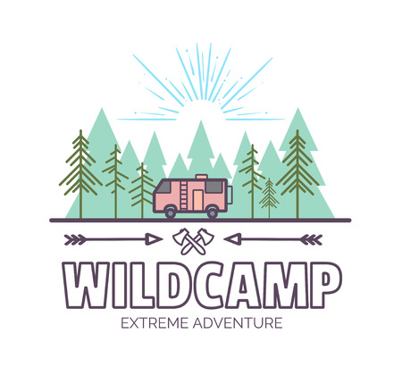 WildCamp life. Summer Extreme adventure.Trendy Outlined style illustration,Typographic Designの写真素材