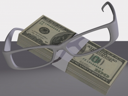 Money and optical eyeglasses on white backgroundの写真素材