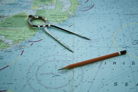 Essential tools for navigation at sea  parallel ruler, plotter compas divider binokulars, chart の写真素材