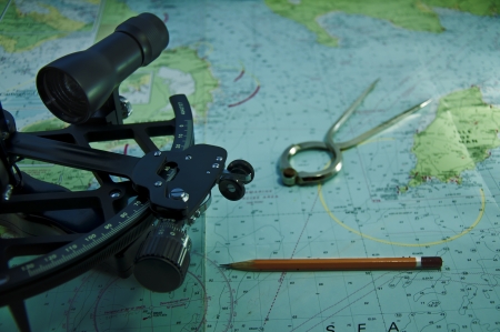 Essential tools for navigation at sea  parallel ruler, plotter compas divider binokulars, chart の写真素材