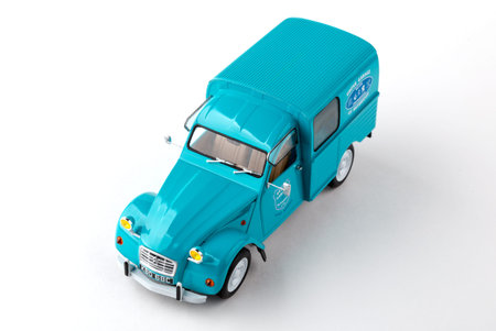 Photo of the assembled CitroÃ«n 2CV Fourgonnette 1:24 scale model car isolated on white...