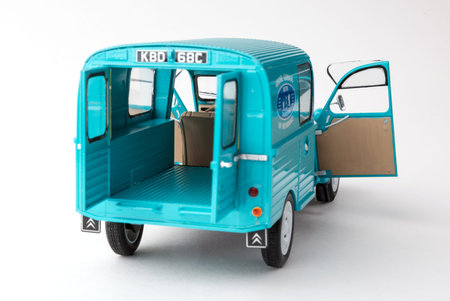 Photo of the assembled CitroÃ«n 2CV Fourgonnette 1:24 scale model car isolated on white...