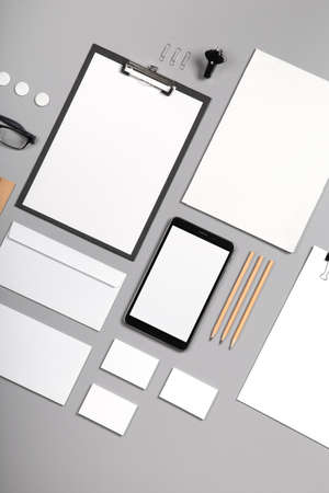 photo. Template for branding identity. For graphic designers presentations and portfolios. Identity Mock-up isolated on gray and white background. Identity set mock-up. photo mockup.の写真素材