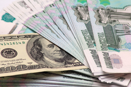 Hundred dollars and to one thousand rouble banknotesの写真素材