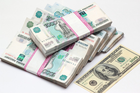 Hundred dollars and to one thousand rouble banknotesの写真素材