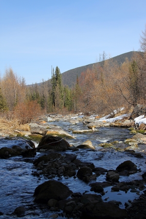 Spring in the Western Sayan mountains. The river Stoktysh.の写真素材