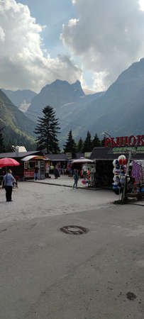 DOMBAY, RUSSIA, August 26, 2021: Products on a small counter market Caucasus Mountainsのeditorial素材