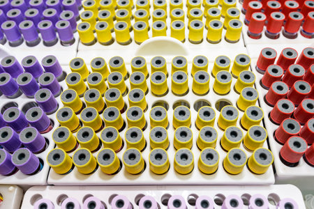blood tubes in the blood collection room. blood test tubes for donors are on the table.の写真素材