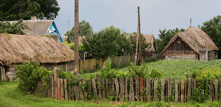 Eastern Europe, Republic of Belarus, Kachanovichi village, Pinsk district, Brest region. Old houses with thatched roofs.の写真素材