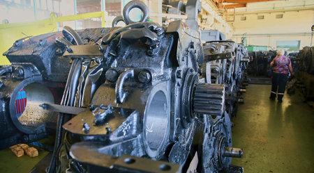 Diesel engine overhaul at the depot. Engine inspection, repair shop, engine disassembly.