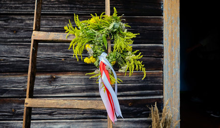 Beautiful red and white ribbons are a symbol of apasisia in the Republic of Belarus. Eastern Europe....