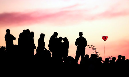 Silhouettes of people with different expressions on the embankment of the sea sunset.の写真素材