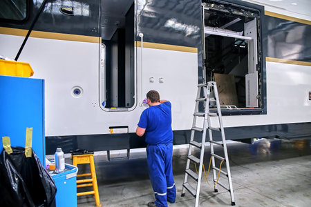 Inside the carriage assembly plant. Production workshop for the production of high-speed trains. Plant for the manufacture of rolling stock of trains.の写真素材