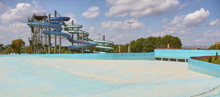 A water park without people during a pandemic. Empty water park in summer.の写真素材
