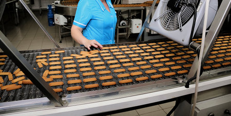 confectionery industry. Workshop for the production of biscuits. Conveyor line with cookies.