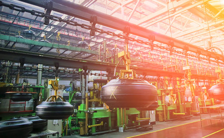 Workshop for the production of car tires. The machine is semi-automatic. Automotive manufacturing complex.の写真素材