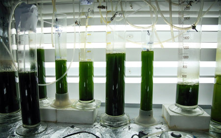 Green fresh plant in a glass test tube in the laboratory in the refrigerator.