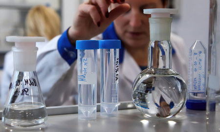 The doctor takes a test tube with liquid, close-up.