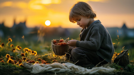 In a serene rural landscape, a young boy carefully selects ripe strawberries, his face illuminated...