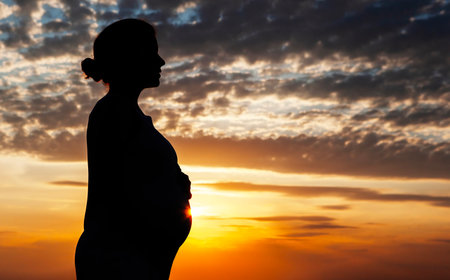 The silhouette of a pregnant woman at sunset with her hands on her belly. The sky is ablaze with color, and the clouds are forming a beautiful pattern. A truly stunning and peaceful scene.の写真素材