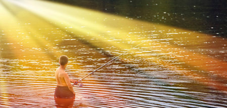 A young man stands waist-deep in a still lake, his fishing rod held out, bathed in the warm light of...