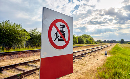 A concrete railway track under a sunny sky with a vivid prohibition sign displaying a train and a person, emphasizing no crossing. The scene captures rail safety on a lovely day.の写真素材