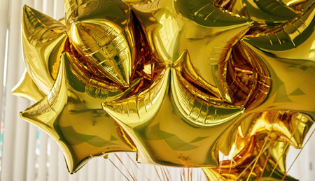 Gold star-shaped balloons clustered together, brightening up a festive event indoor decoration during celebrationsの写真素材