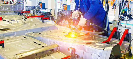 In a bustling automotive manufacturing facility, a technician skillfully operates a welding tool on a metal vehicle frame. The workspace is filled with machinery and equipment, highlighting the intricate manufacturing process.の写真素材