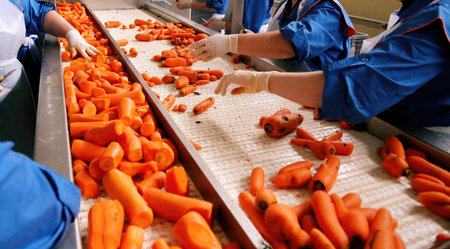 Employees in blue uniforms inspect and sort an abundance of fresh carrots on a conveyor belt, ensuring quality control in a processing facility.の写真素材