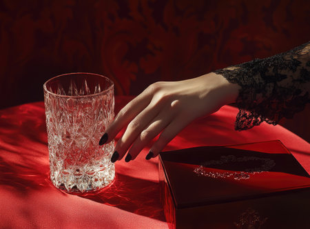A delicate hand with dark nails reaches for a shimmering crystal glass atop a red table, evoking a sense of enchantment and mystery.の写真素材