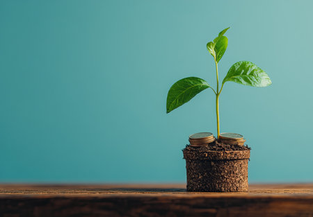 A young plant emerges from dark soil, surrounded by coins in a rustic pot, representing the connection between nature and financial investment, showcasing growth.の写真素材