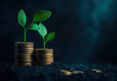 Young green plants emerge from piles of coins resting on dark soil, representing the concept of growth and investment in a visually striking way.の写真素材