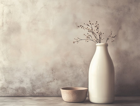 A tall, white ceramic vase holds delicate dried flowers, accompanied by a wooden bowl, all set against a softly textured neutral wall, creating a serene atmosphere.の写真素材