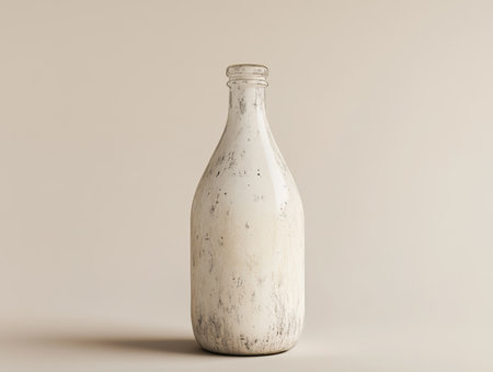 A vintage-style glass bottle with a whitewashed finish stands upright on a smooth surface, creating an aesthetic focal point with its subtle imperfections.の写真素材