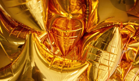 Gleaming golden balloons cluster together, creating a joyful atmosphere for a celebration in an indoor space adorned with festive decorations.の写真素材